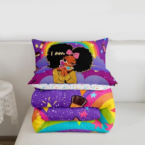 Image of Erosebridal Black Girls Full Comforter Set African Princess Bedding Set Dreamy Rainbow Magical Comforter Cute Little Princess Bed Sets for Kids Melanin Bedroom Decor (1 Comforter, 2 Pillowcases)