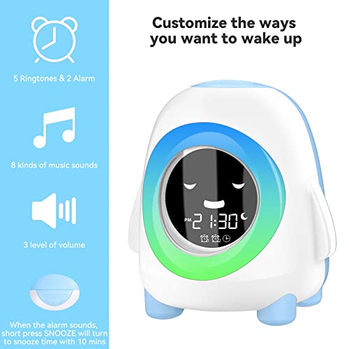 Sveglia Digitale per Bambini Wake-up Light Ricaricabile USB Cadrim Bambini Allarme Sveglia Comodino Sveglia Allenatore Sonno Orologio 2 Sveglie 3 Luminosità 5 Suonerie&Colori 8 Musica Funzione Snooze - Image 5