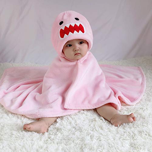 Image of TONWHAR 0-4 Years Toddlers' And Kids' Boys Girls Animal Face Hooded Blanket Baby's Bathrobe,Plush After Bath Blanket(Pink Shark)