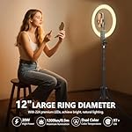 12" Selfie Ring Light with 63" Tripod Stand/Phone Holder, QEUOOIY 20W LED Circle Lights Dimmable 3000-6500K with Remote Control and Built-in Rechargeable Battery for Vlog, Makeup, YouTube, Camera - Image 2