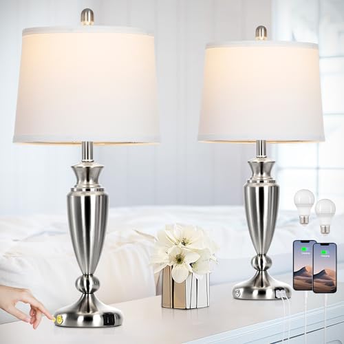 Rinweey Metal Table Lamps Set Of 2, 3 Way Touch Control Silver Bedside Lamps With Usb A+C Ports, Modern Brushed Nickel Nightstand Lamps For Bedroom Living Room thumb #7