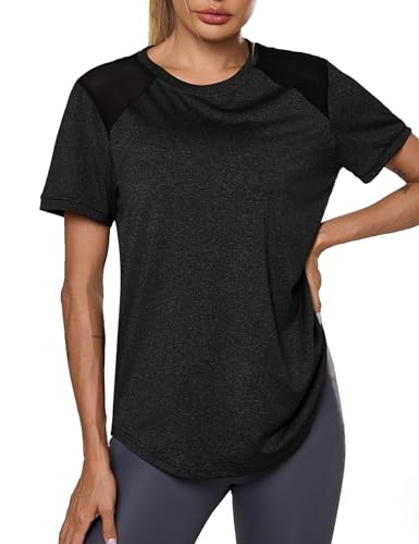 Terecey Damen Sport Fitness T-Shirt Kurzarm Rundhalsausschnitt Atmungsaktiv Funktionsshirt Leichtes Sport Oberteile Damen Top Für Fitness Wandern Trekking Gym Yoga Longshirt Schwarz L