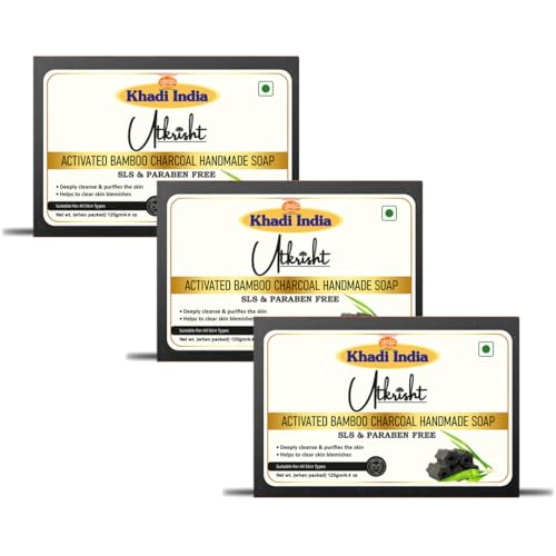 Image of Utkrisht Khadi Charcoal Handmade Bathing Soap Bar 125g (Pack of 3) | Natural & Herbal | Deep Cleansing for Glowing & Brightening Skin | For Wrinkles & Fine lines | All Skin Types | For Men & Women