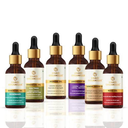 Image of Khadi Organique Natural & Pure Essential Oils Combo - Rosemary, Jasmine, Lavender, Tea Tree, Sandalwood & Rose Essential Oil | For Healthy Skin & Hair | Soothing & Calming - Pack of 6 (6x15ml)
