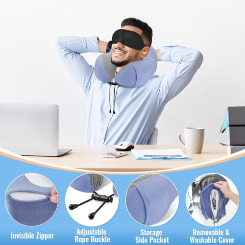 Image of CloudBliss Travel Pillows for Airplane, 2 Pack Memory Foam Neck Pillow for Travel, Airplane Pillow for Long Flight, Car & Office Use, Plane Accessories with Eye Mask, Earplugs, Carry Bag, Black & Blue