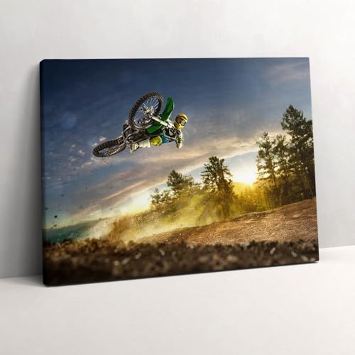 Décoration murale peinte grand tableaux 80x60cm paysage motocross et forêt sauvage