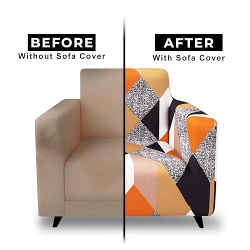 Image of Story@Home Sofa Cover 1 Seater Fully Covered Stretchable Polyester Spandex Elastic 1 Seater Sofa Cover 90x140Cm | Orange & Beige Abstract for Living Room & Create Your Own Customized Set