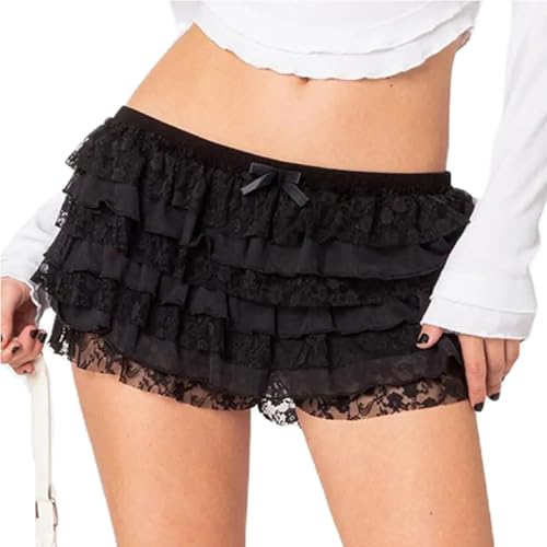 Owegvia Pantalones cortos con volantes para mujer, estilo casual, cintura elástica, lazo frontal, color sólido, pantalones cortos de encaje para salir, Negro, M