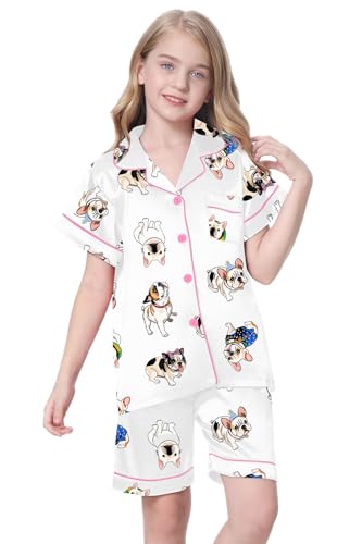 Image of Schbbbta Girls Womens Pajamas, Satin Silky Pjs Set Kids 2Pcs Button-Down Nightwear Sleepwear Gift for Mommy and me