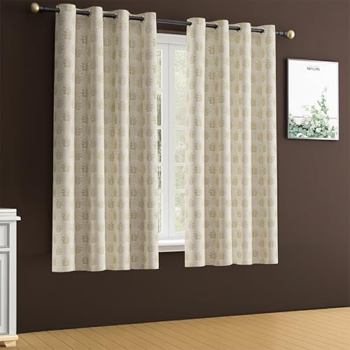 Image of Yellow Weaves 2 Pcs Jacquard Tree Eyelet Window Curtain - Perfect for Home, Office, Bedroom, Living Room & Balcony - 5 Feet (Golden)