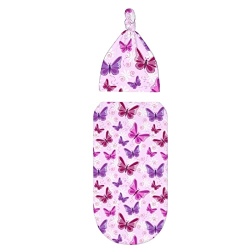 Image of Pink Butterfly Butterflies Newborn Swaddle Blanket Infant Sleep Sack Wrap Soft Stretchy with Beanie Hat for Baby Shower Boy Girl Gifts