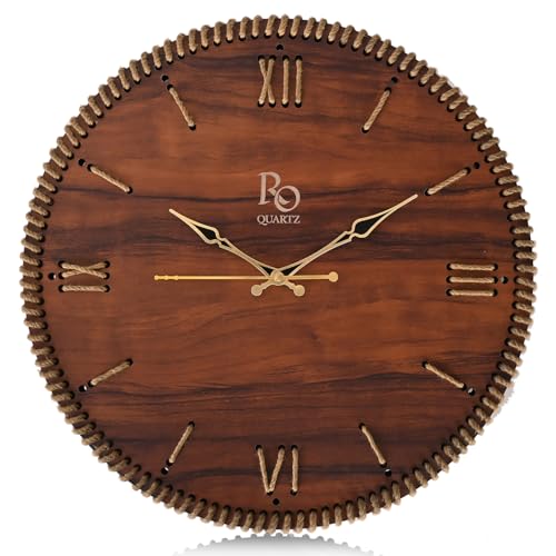 Image of Wooden Round Shape Roman Dial Analog Clock with Golden Hand and Golden Jute Rope Detailing | Silent Quartz Movement Anti Reflection Wall Clock for Home and Office (Brown, 15.5 inch)