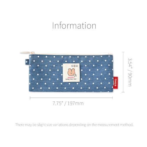 Image of Monolike Happy and Lucky Denim Dot pen case, Blue - Slim Corduroy Style Cotton Pen Pouch, Cute Aesthetic Pastel Stationery Organizer for Office