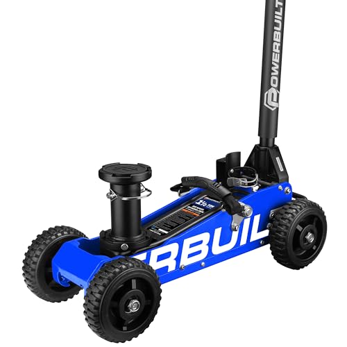 Image of Powerbuilt 1.5 Ton Big Wheel Off Road Jack, Vehicle Lift for Trucks, SUVs, ATVs Offroad Vehicles, Oversized Wheels for Rugged Terrain, 3000 LB Capacity, Blue 620625ECE