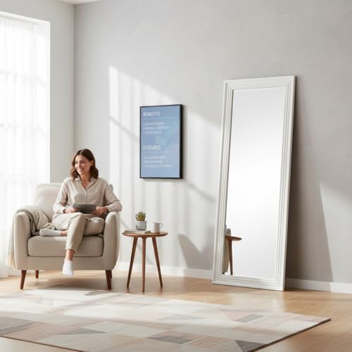 Image of APRODZ Tall White Full Length Mirror 52x160 cm | Slim Floor Standing Full Body Dressing Mirror | Modern White Frame Mirror for Bedroom, Living Room, Hallway & Studio