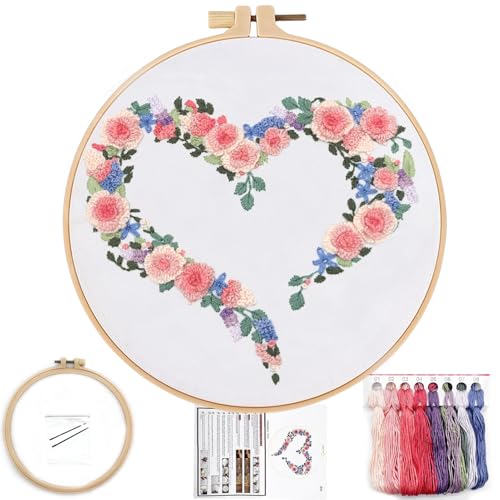 Image of FONNUY Love Heart Crewel Embroidery Kit for Beginners, Pre-Stamped Pattern Kits for Adults with Hoop, Easy to Follow Color Thread Needlework, 8'' Hoop (Floral Heart 2)