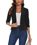 LADI TREND Cropped Blazer for Women 3/4 Ruched Sleeve Lapel Suit Open Front Tailored Jacket (Black M)