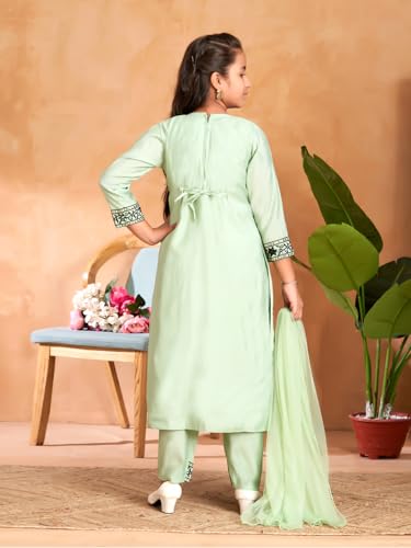 Image of Aarika Girls Ethnic Wear Sea Green Colour Thread Sequin Embroidery Kurti Pant Set With Dupatta