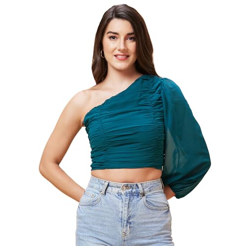 Image of Globus Women Green Solid One Shoulder Pleated Party Crop Top-3638515002