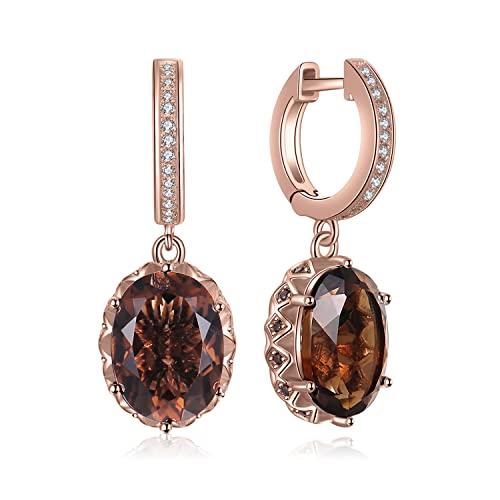 JewelryPalace Huge 7.2ct Oval Shape Natural Smoky Quartz Dangle Drop Earrings for Women, 14K Rose Gold Plated 925 Sterling Silver Huggie Hoop Earrings, Natural Gemstone Jewelry Sets