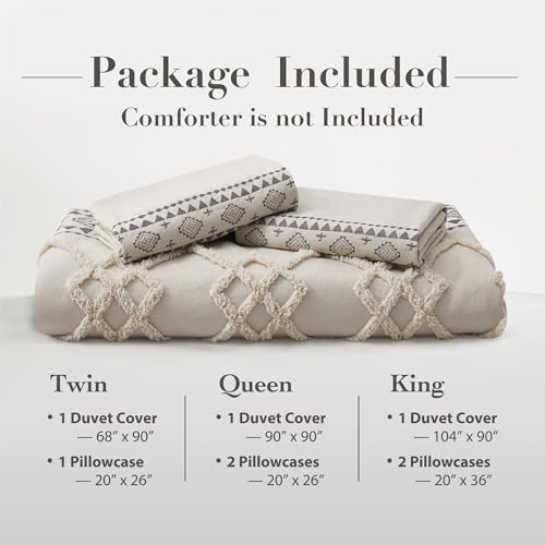 Image of Oli Anderson Boho Duvet Cover Set Queen Size, Beige and Gray Color Clash 3 Pieces Microfiber Bedding Set, Durable and Super Soft Duvet Covers with Zipper and Ties, 90 inch*90 inch