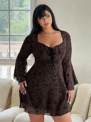 Image of Floerns Women's Plus Size Floral Gothic Dress Flare Long Sleeve Mesh Grunge A Line Dress