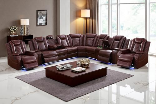 Image of Power Recliner Sectional Sofa Set with LED, Living Room Furniture Sets, L-Shaped Recliner Sofa & 2 Chairs, Luxury Sectional Couch with Charging /Storage for Living Room