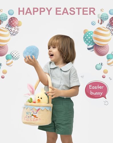Image of My First Easter Basket Stuffed Plush Playset Baby's First Easter Basket Stuffed Cartoon Bunny Easter Egg Plush Basket for Kids 5pcs (Yellwo)
