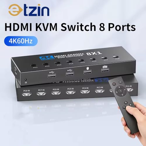 Image of ETZIN 8 Port HDMI KVM Switch 8x1, 4K@60Hz Ultra HD, Control 8 Computers with 1 Monitor, IR Remote Control, 3 USB Ports, 8 KVM Cables Included, Hotkey Switching EPL-1598H
