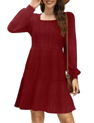 Image of Sampeel Womens Square Neck Long Sleeve Fall Dresses Casual Babydoll Sweater Dress