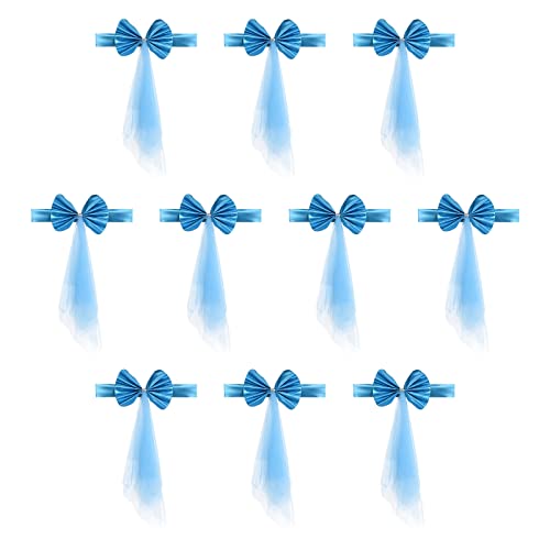 PATIKIL Stretch Satin Chair Sashes Bows, 12 Pack Chair Bands Decoration with Mesh Yarn Floating Tied for Wedding Banquet Events Blue