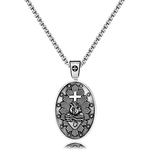 VENICEBEE® Sacred Heart Cross Jesus Christ Divine Love Flame Devotional Medal Christian Sacramental Unique Solid 925 Sterling Silver Pendant Necklace + Velvet Pouch, Polishing Cloth, Fine Gift Box2