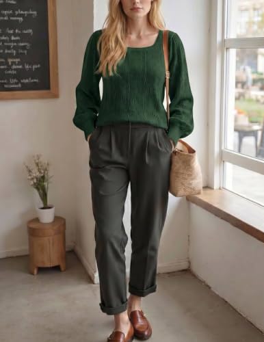 Image of HOTOUCH Sweaters for Women 2026 Fall Trendy Tops Casual Puff Sleeve Square Neck Cute Tunic Pullover Blouses XS-XXL