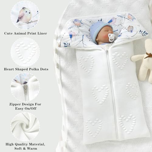 Image of Baby Winter Thick Swaddle Blankets Newborn Heart Dots Receiving Blanket Infant Soft Knit Warm Stroller Wraps for Baby Boys Girls (White)