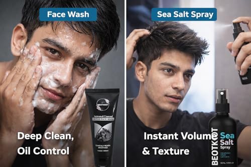 Image of Men's Daily Grooming Combo - Sea Salt Texturizing Hair Spray (100ml) + Activated Charcoal Face Wash (100ml) | Oil Control, Pollution Defense | No Paraben, No Silicone | For Oily Skin & Flat Hair