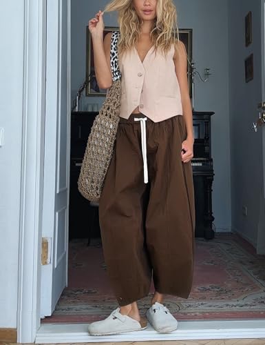 Wyeysyt Barrel Jeans Women Wide Leg Elastic Waistband Cotton Pants Baggy Palazzo Pants with Pockets4