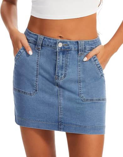 Denim Skirts for Women Stretchy High Waisted Jean Skirt with Large Pockets Casual Cute Denim Skirt