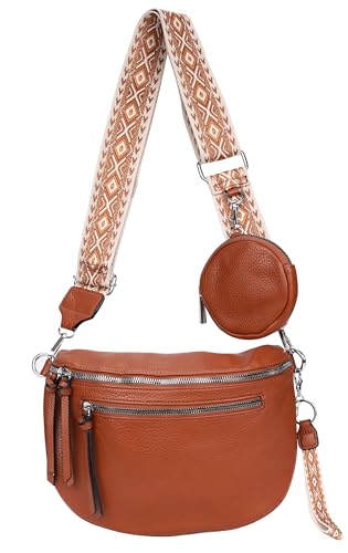 irisaa Umhängetasche Damen Crossbody Bag, 3 in 1 Schultertasche, Bauchtasche mit Reißverschluss und Verstellbarem breitem Gurt, Handtasche für Männer Frauen, DKB Farbe:Braun Doppel