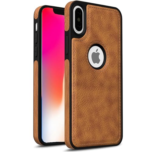 Image of Leather Case for Apple iPhone X Premium Protective Stylish Slim Cover with Shockproof Raised Edges Brown