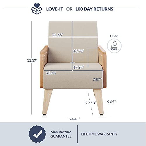 Belleze Mid-Century Accent Armchairs Set Of 2, Side Chairs With Solid Wood Frame, Comfy Soft Linen, Ergonomic Oversized Backrest For Living Rooms, Bedrooms, Lounges, And Offices - Kensington (Beige) #TOP2