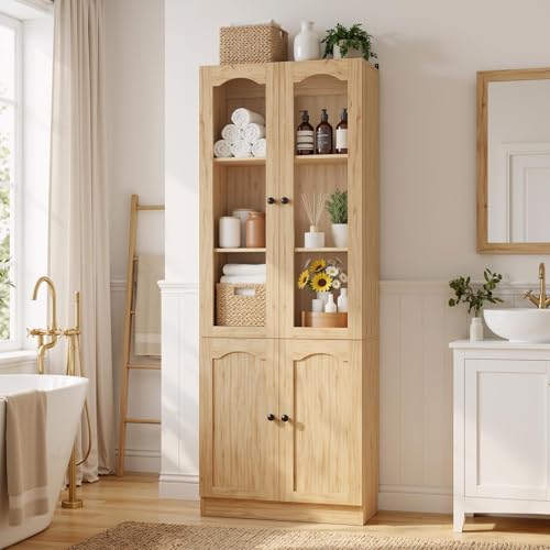 Image of Cyclysio 80 inch Tall Pantry Cabinet with 4 Doors, Natural Oak Kitchen Pantry Storage Cabinet with Built-in Baseboard Notch & Adjustable Shelves - Kitchen Storage Cabinet for Dining, Living, Office