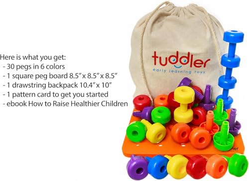 Image of Toddler Peg Board Sensory Montessori Fine Motor Skills Educational Toys - 30 Stackable Pegs + Pattern Card + Drawstring Backpack + E-Book (Orange)