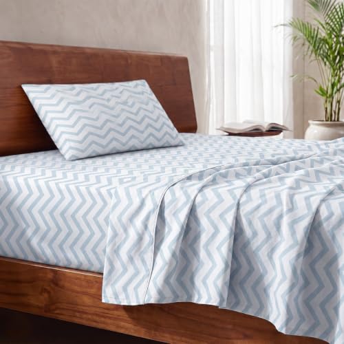 Image of LANE LINEN 100% Organic Cotton Bedsheet for Single Bed - Chevron Cool Blue | GOTS Certified, Percale Weave, 60x90 inches, Soft & Breathable, Machine Washable, Includes 1 Pillow Cover
