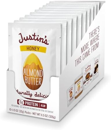 Honey Almond Butter Squeeze Packs by Justin's, Gluten-free, Non-GMO, Sustainably Sourced, Pack of 10 (1.15oz each)