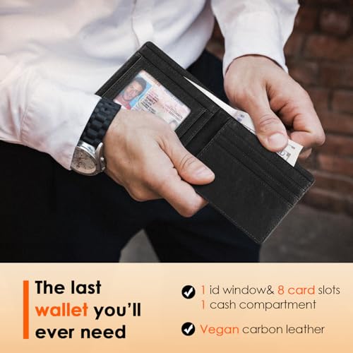 Image of RUNBOX Wallet for Men Slim Leather Bifold RFID Blocking Minimalist Front Pocket Design with Gift Box | Minimalist Front Pocket Design, Holds 8 Cards, RFID Protection, Gifts for Men on Birthdays, Father's Day, and Christmas