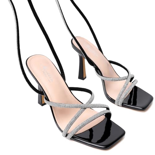 Image of Mostrin Womens Sandals Strappy Heels for Women Lace Up Square Open Toe Heels Tie Up High Heeled Sandals for Prom, Party, Daily Wear