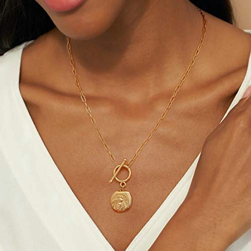 Potessa 18K Gold Coin Pendant Bee Necklace For Women Toggle Paperclip Chain Necklace Fashion Jewelry Mother's Day Gifts For Her #TOP5