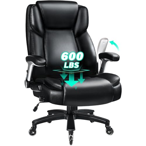 VITESSE 600lbs Big and Tall Office Chair with Flip up Armrest, Large Heavy Duty with Ergonomic Lumbar Support, Executive Office Chair for Heavy People with Quiet Rubber Wheel(Black)