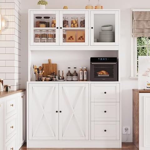 Irontar 70.9'' Kitchen Pantry Cabinet, Kitchen Hutch with Microwave Stand & Charging Station, Farmhouse Tall Storage Cabinet with Countertop, Bar Cabinet with Drawer and Glass Doors, White CWG011WE Cover