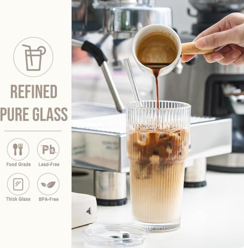 Image of FUNKYFINDS Glass Cups with Lids and Straws, 600 Ml Ribbed Glass Tumbler for Iced Coffee, Smoothie, Juice & Cold Drinks, Reusable Thick Glassware Set, Elegant Home & Travel Drinkware【1 Pack】